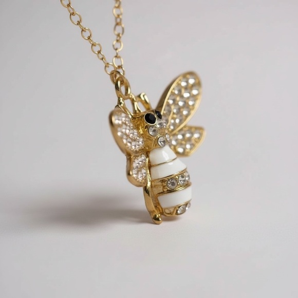 Vintage Bee Pendant  Gold and White Pendant Necklace - Picture 4 of 6
